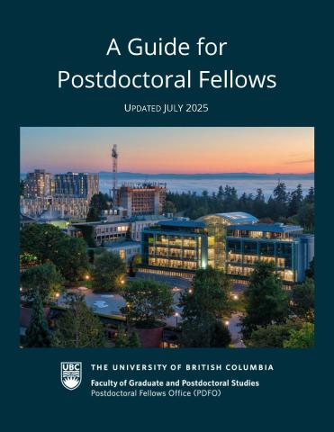 An aerial image of the Koerner Library and the Orchard Commons (while under construction) at dusk, with the text 'A Guide for Postdoctoral Fellows' and the UBC Faculty of Graduate and Postdoctoral Studies logo in white text.